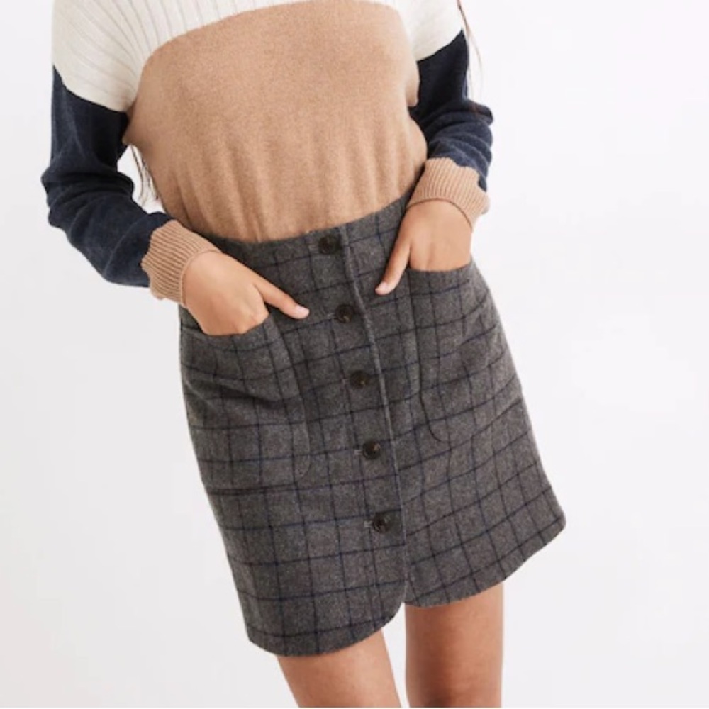 Madewell Wool Button-Front Mini Skirt in Windowpane